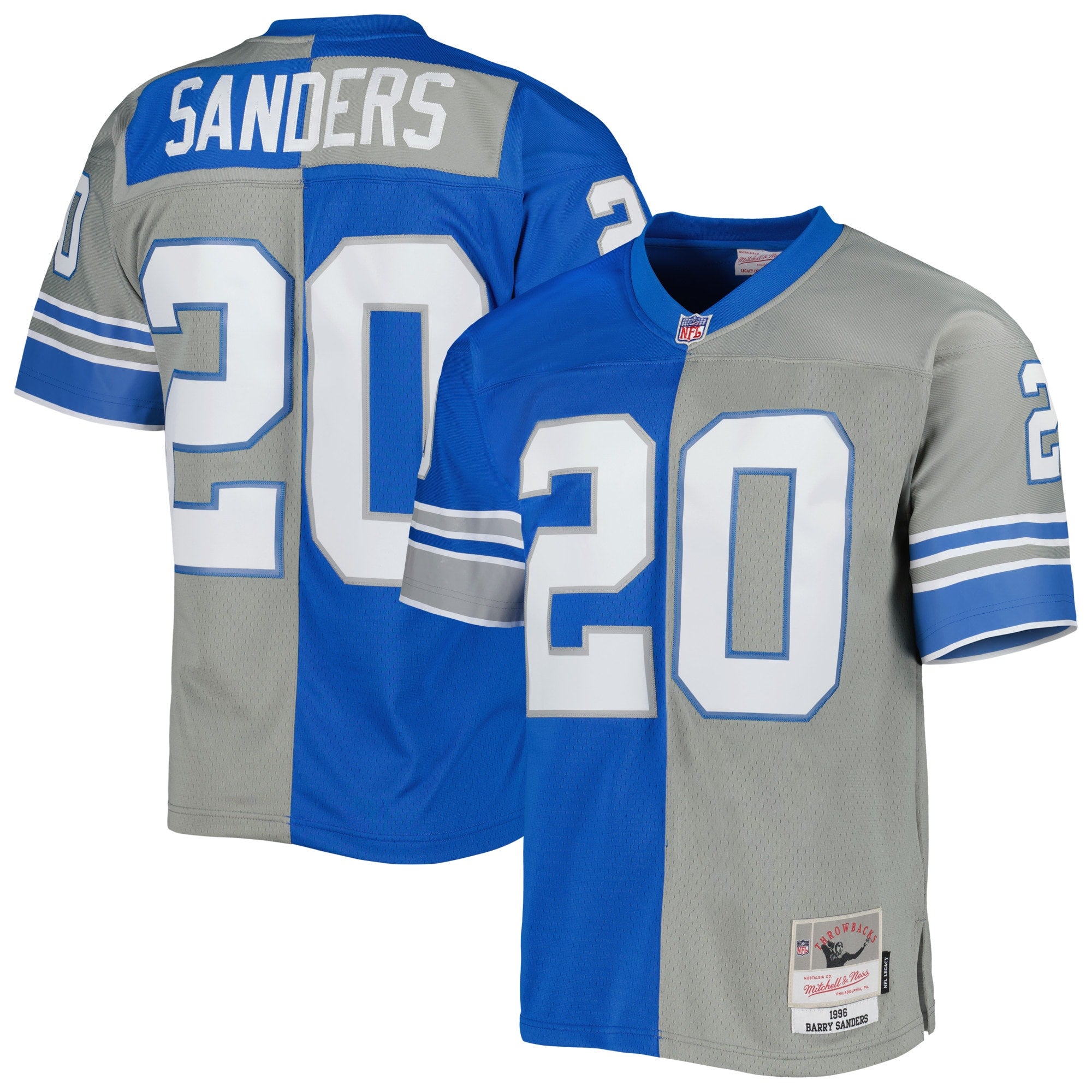 Barry Sanders Detroit Lions Mitchell   Ness 1996 Split Legacy Replica Jersey   Silver/Blue