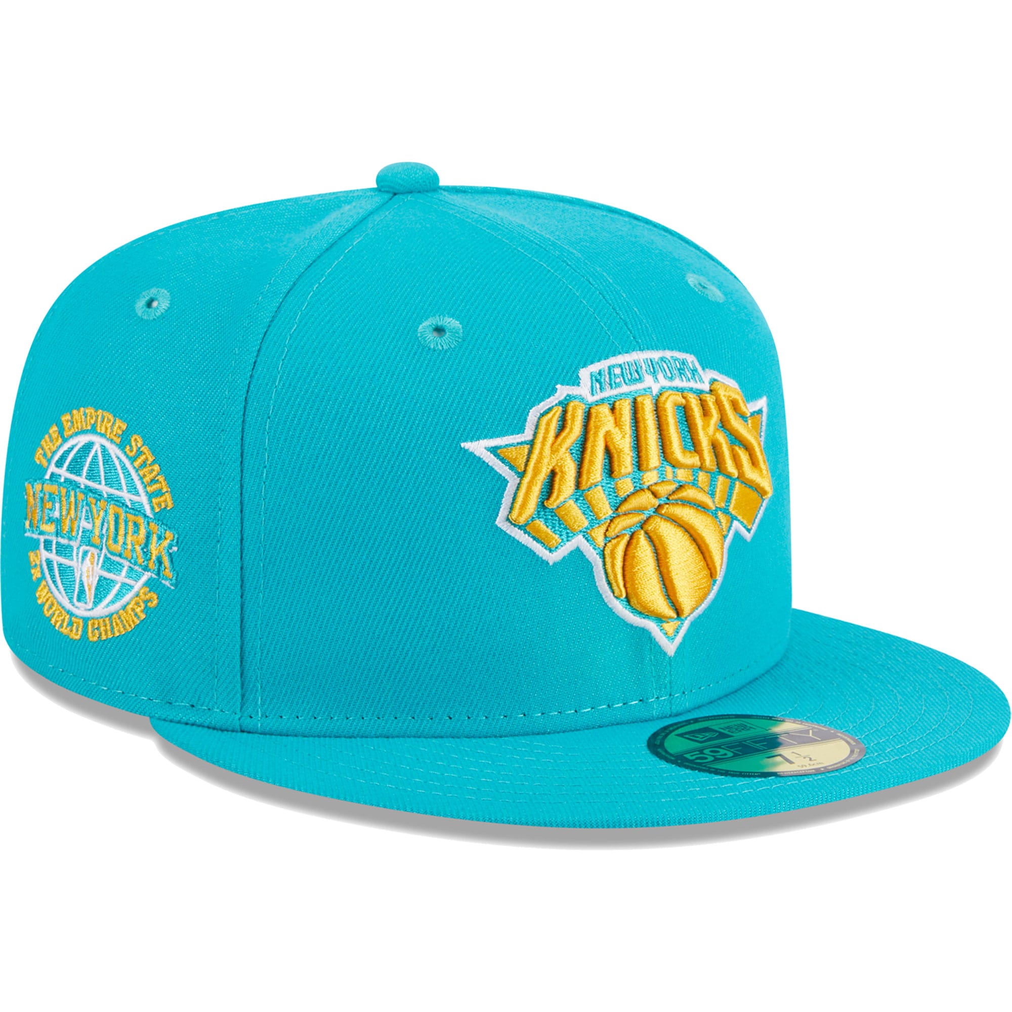 New York Knicks New Era 2-Time Champions Breeze Grilled Yellow Undervisor 59FIFTY Fitted Hat - Turquoise