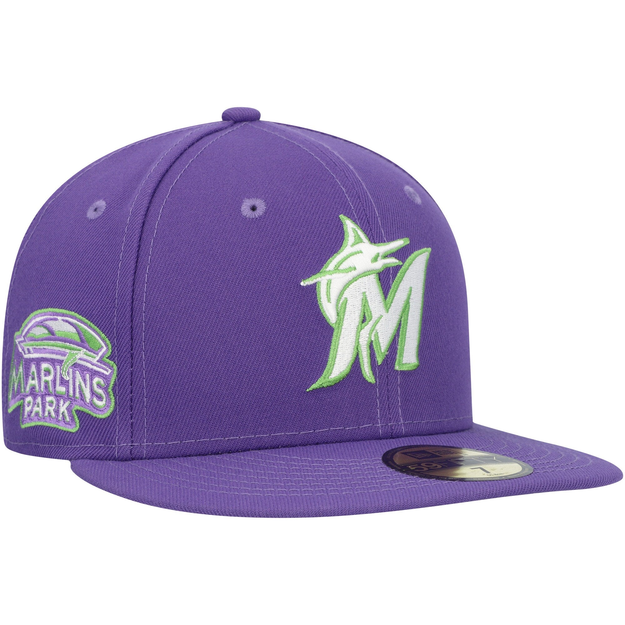Miami Marlins New Era Lime Side Patch 59FIFTY Fitted Hat - Purple