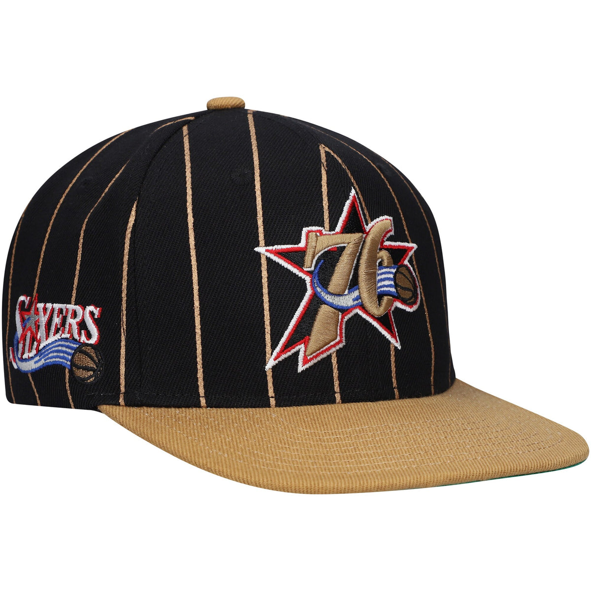 Philadelphia 76ers Mitchell & Ness Hardwood Classics Pinstripe Snapback Hat - Black/Gold