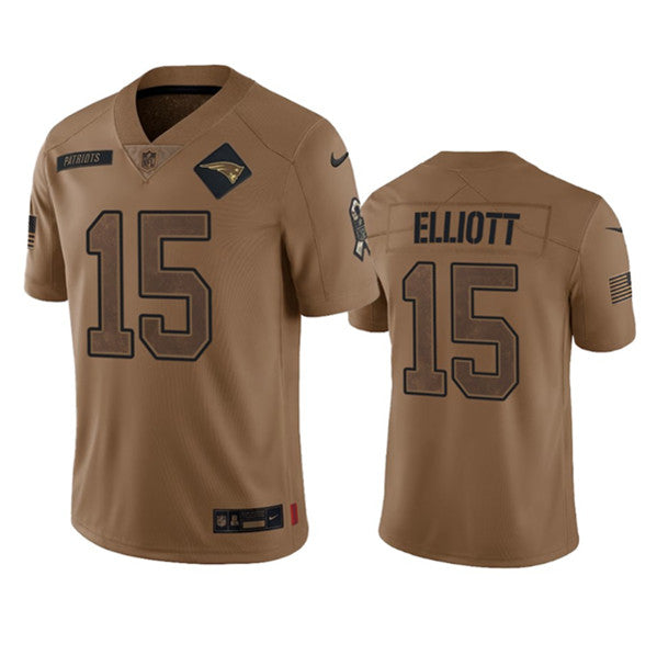 Men s New England Patriots Ezekiel Elliott 2023 Brown Salute To Service Limited Stitched Jersey