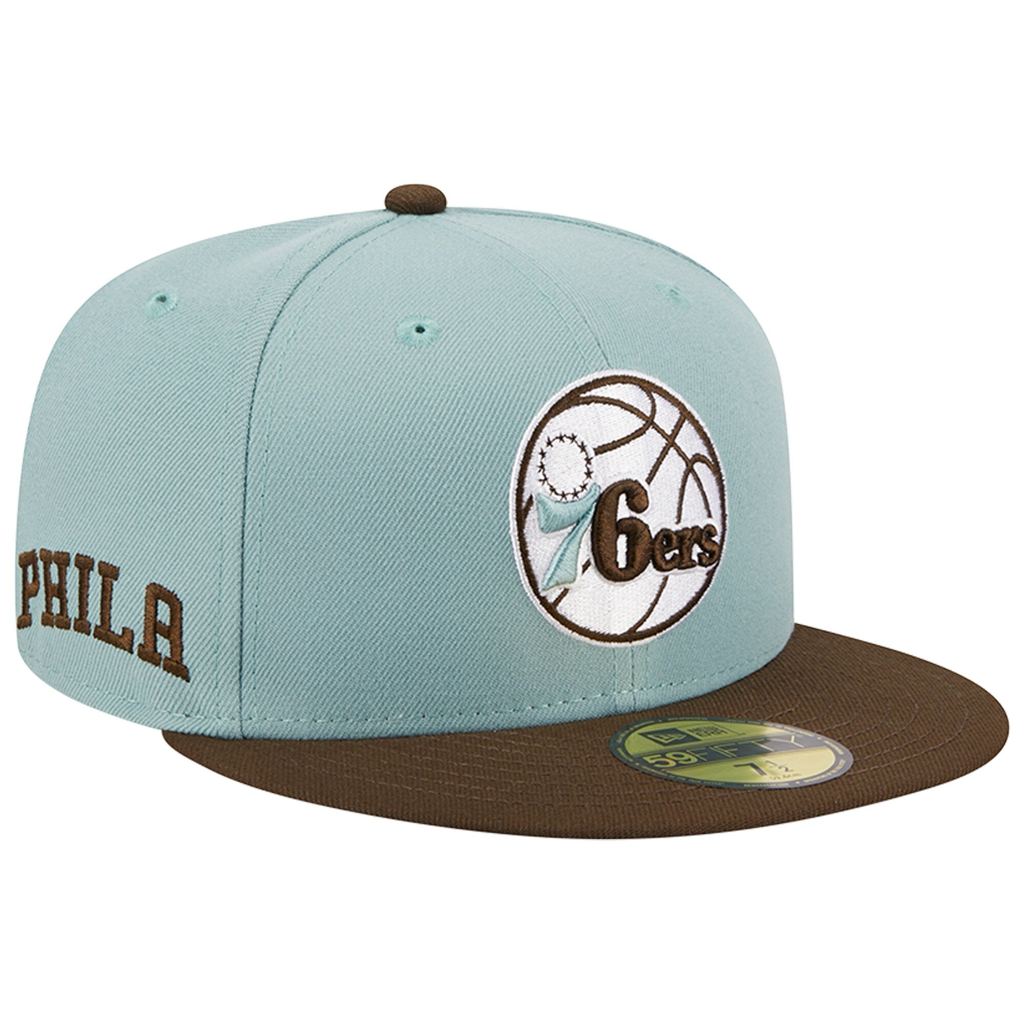 Philadelphia 76ers New Era Two-Tone 59FIFTY Fitted Hat - Light Blue/Brown