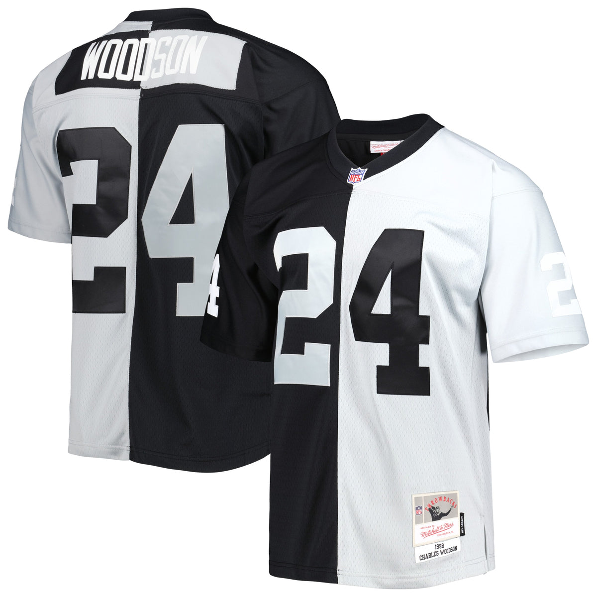 Charles Woodson Las Vegas Raiders Mitchell   Ness 1998 Split Legacy Replica Jersey   Black/Silver